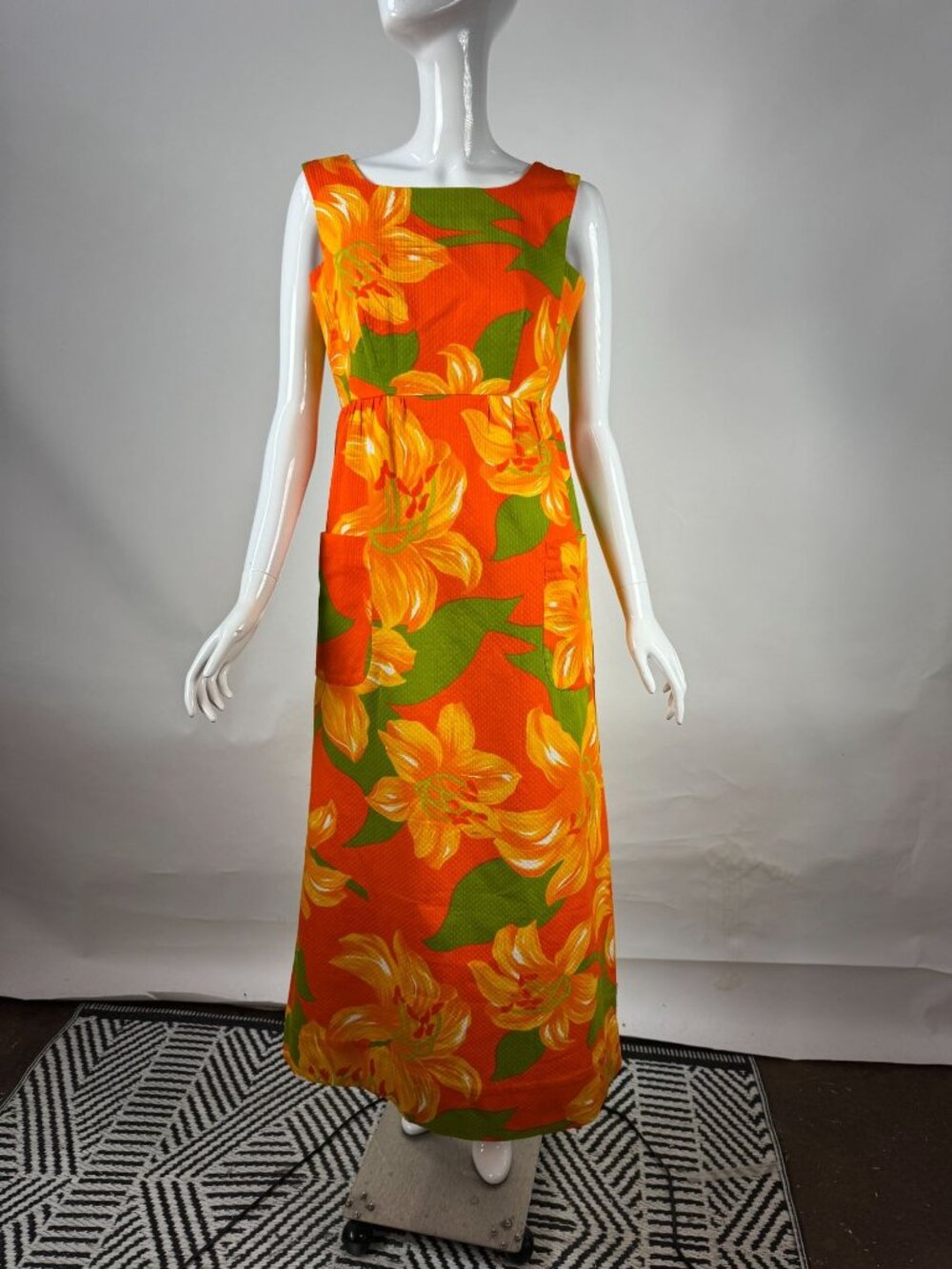 60s Malia Honolulu Bright Floral Maxi Dress With Pocket Sleeveless Cotton Blend